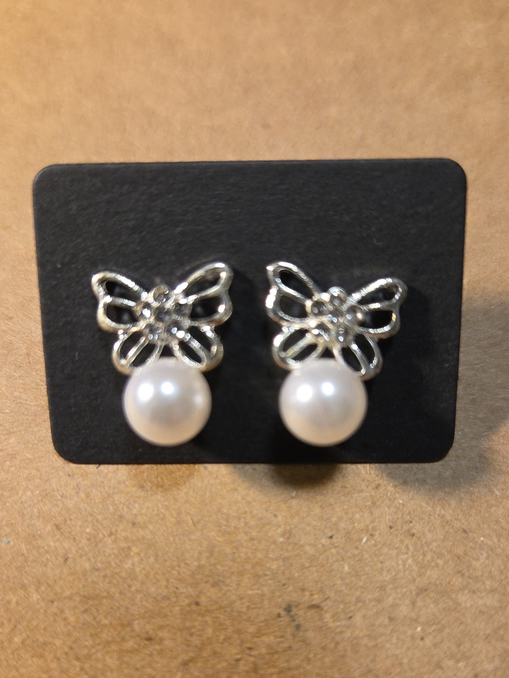 Silver Butterfly Pearl Drop Earrings - White Pearls